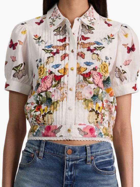 Alice + Olivia Tops - Alice + Olivia White Floral & Butterfly Pintuck Crop Blouse